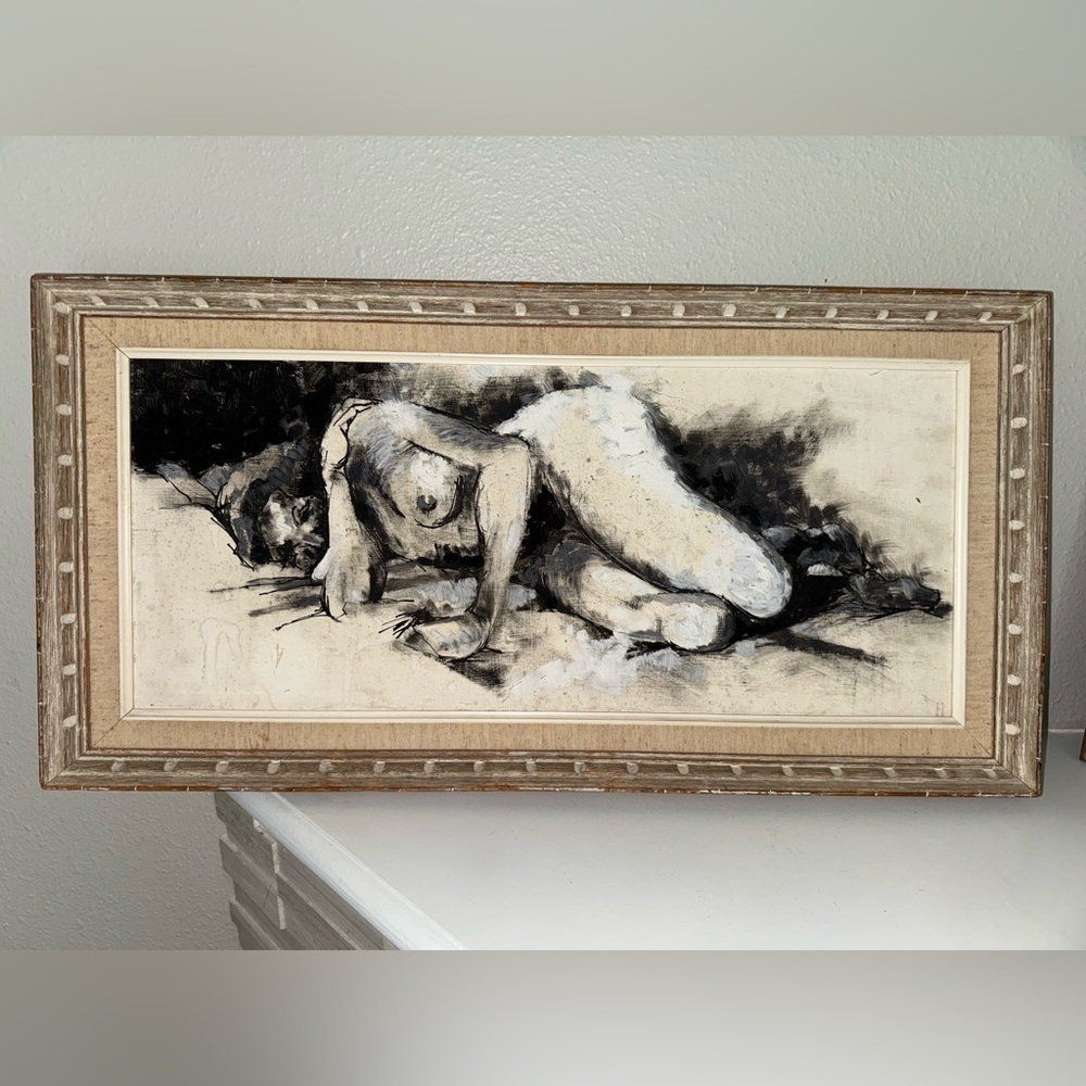 Nude drawing of a woman- charcoal & mixed media art on hard canvas. Framed